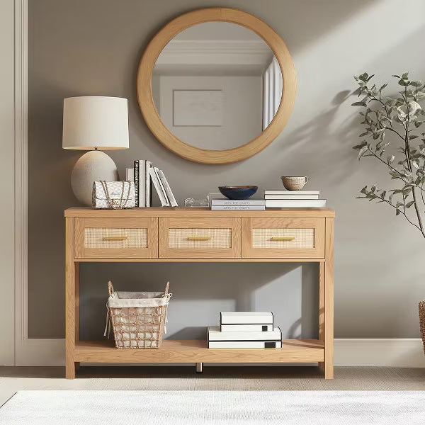 Resenkos Console Desk Table, Console Table, Entryway Table, Side Table, Display Table,Console Table with Rattan 3 Drawers, 2 Tier Long Behind Couch