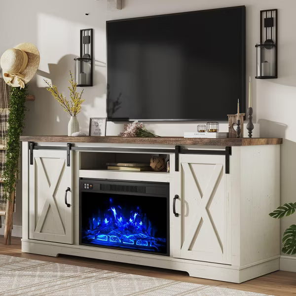 AMERLIFE Fireplace TV Stand with Sliding Barn Door for TVs up to 73", Farmhouse 63" Fireplace Entertainment Center