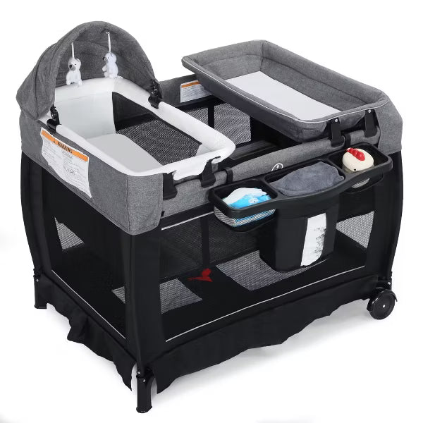 Kinder King 4-in-1 Convertible Baby Playard with Bassinet, Diaper Changer, Cradle&Bedside Sleeper, Breathable Mesh, Storage Organizer&Lockable Wheels