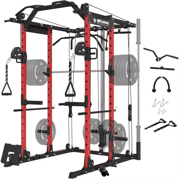 ER KANG Power Cage, 1500LBS Power Rack with Cable Crossover System, Multi-Function Workout Cage, Squat Rack Home Gym