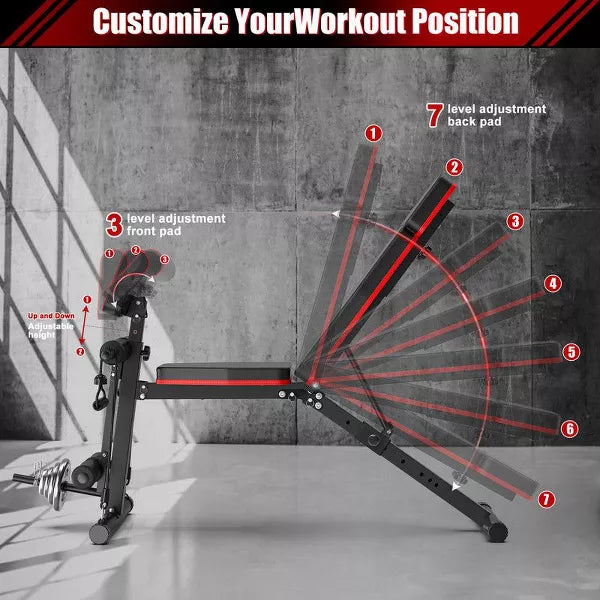 GIKPAL 7 Positions Adjustable Weight Bench,With Extended Headrest and Leg Extension,Foldable Workout Olympic Weight Bench, Maximum Weight 770 Lbs.