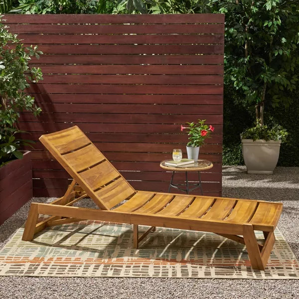 Wooakway Modern Rustic 79"L Slatted Acacia Wood Patio Chaise Lounge with Adjustable Reclining Backrest for Poolside Yard Terrace Deck Balcony Lawn