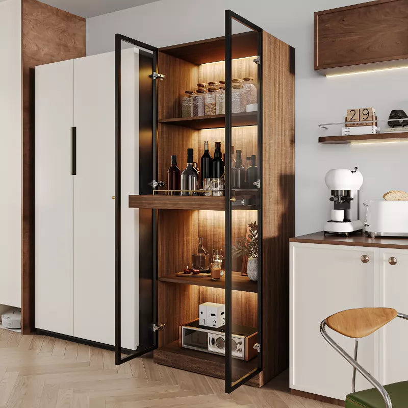 ATJafurn 23.6'' Glass Display China Cabinet With Pull-Out Bar Shelf, Dining Cabinet With Glass Doors