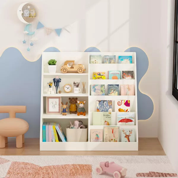 Kids Bookshelf and Toy Storage Organizer, Multifunctional 4 Tier Wooden Kids Book Shelf with Bookcase Display Stand in Kids Room Playroom Nursery