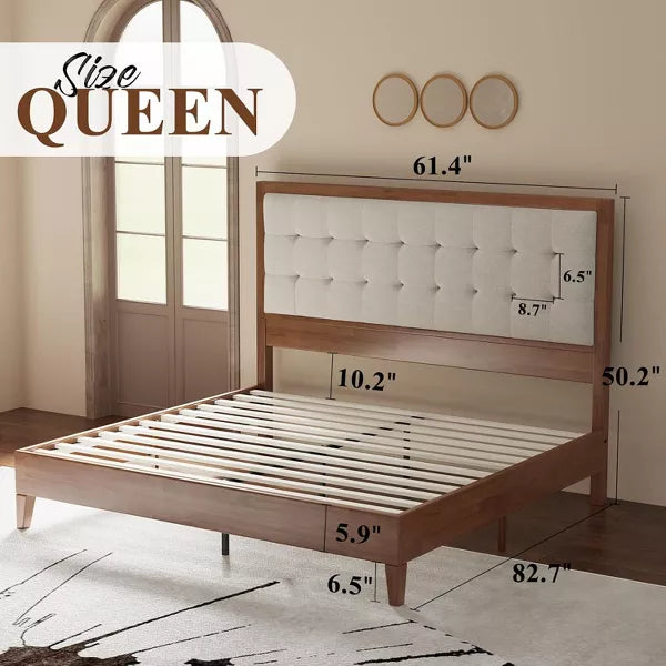Wood Platform Bed Frame Upholstered Tufted Headboard, Solid Wood Bed
