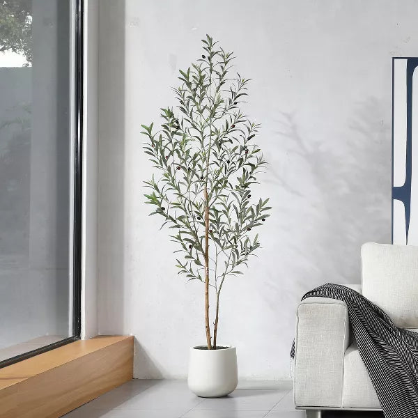 DR.Planzen Artificial Olive Tree with White Planter, 5-7FT Tall Faux Olive Trees with Natural Wood Trunk and Realstic Fruits for Indoor Home Decor