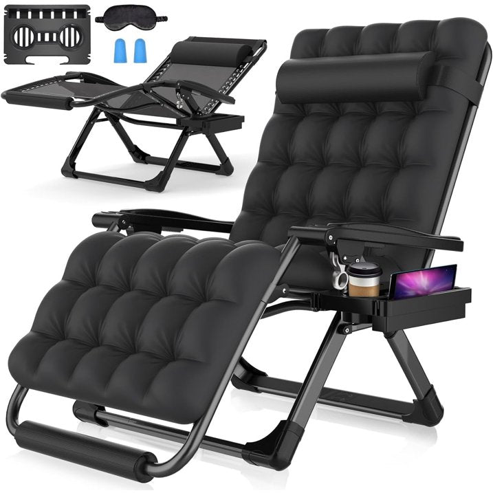 GVDV Oversized Zero Gravity Chair, 33In XXL Lounge Chair with Removable Cushion Headrest, Lawn Patio Reclining Chair Upgraded Alloy Lock and Footrest, for Indoor Outdoor, Black