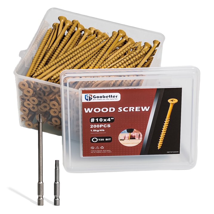 Goobetter Wood Screws, #10 x 4", Premium Outside Deck Screws, Includes 2 T25 Plum Bits (50mm 100mm), 200Pcs.