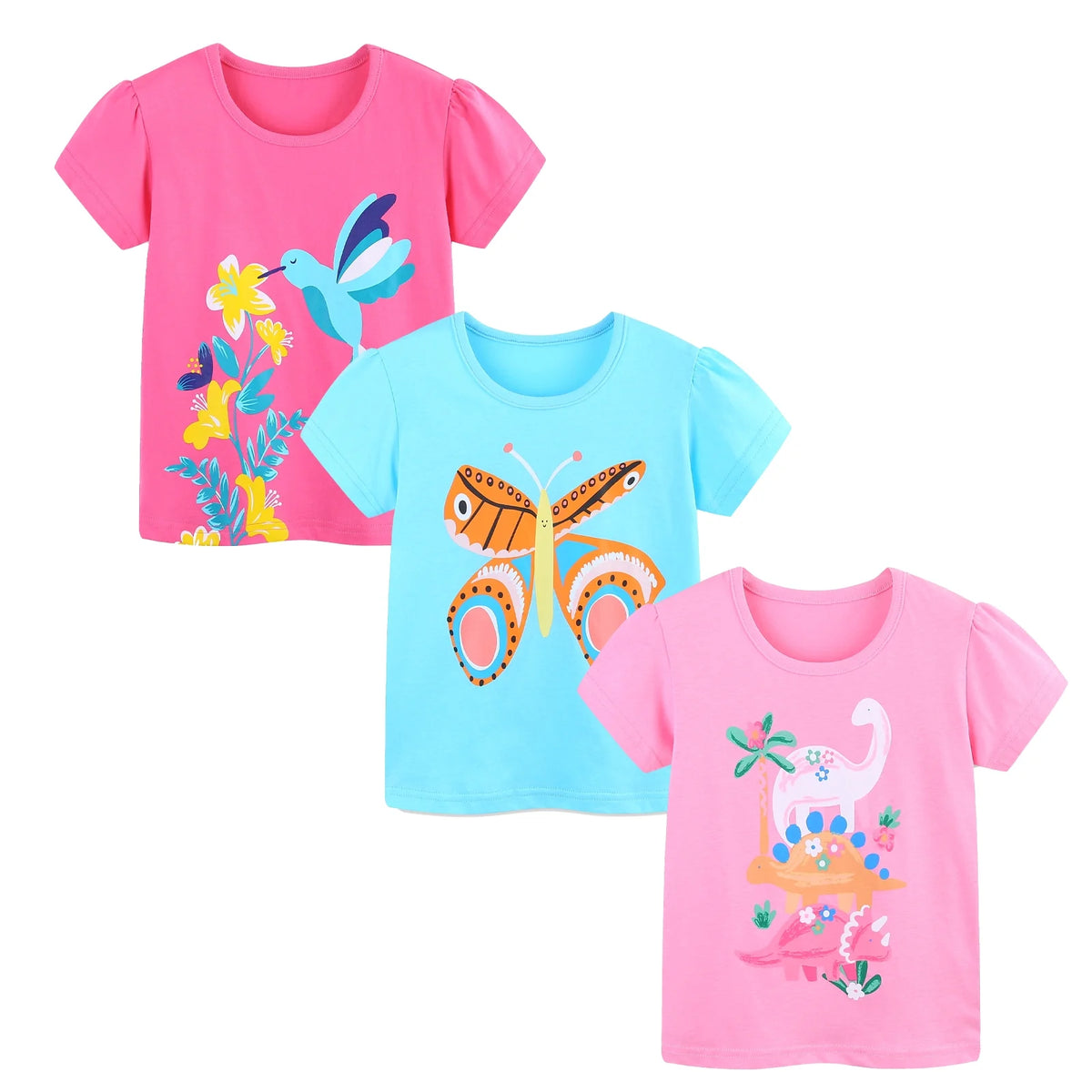 HILEELANG Toddler Girls' Short Sleeve Tees Easter Cotton Casual Butterfly Dinosaur Crewneck Summer Top T-Shirts Pink Blue 3 Packs Sets 2T