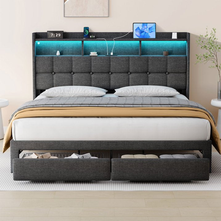 HSUNNS King Size Bed Frame with LED, Linen Upholstered King Bed with 2 Drawers, Storage Headboard and Charging Station, Platform Bed Frame, No Box Spring Needed, Easy Assembly, Dark Gray
