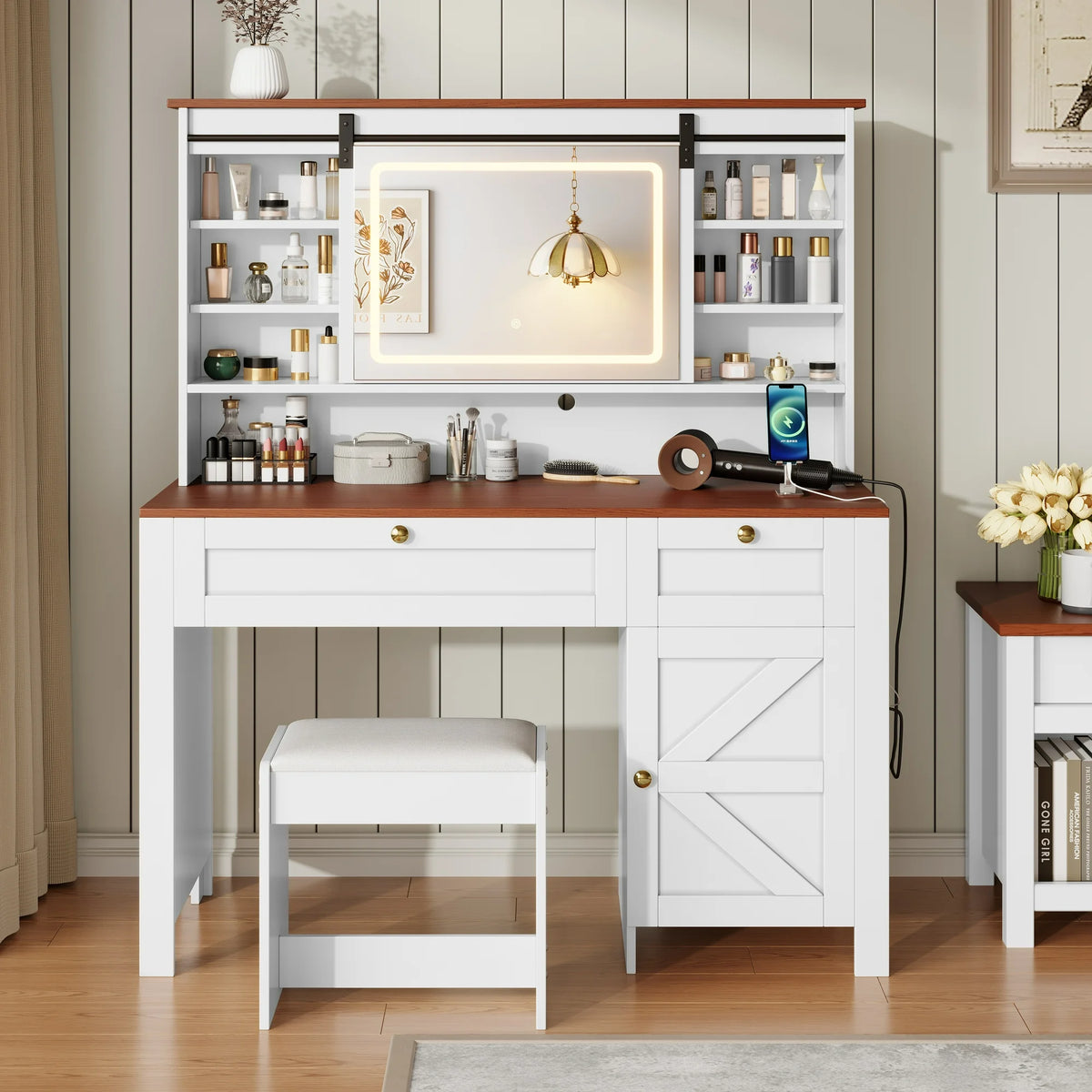 HSUNNS Large Vanity Desk with Mirror and Lights, Farmhouse Vanity Sets with Upholstered Stool, Makeup Table with Storage Cabinet and Drawers, Sliding Mirror, Charging Station, White