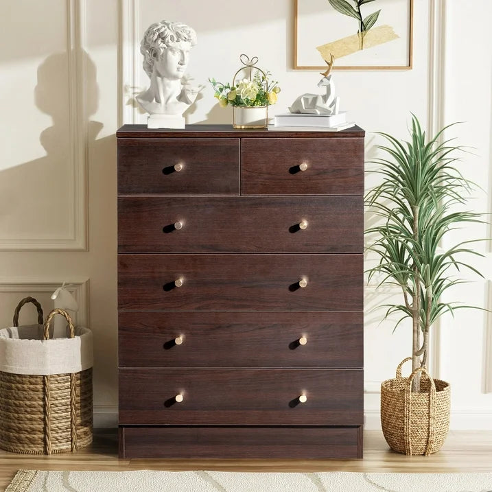 IMKHK 6 Drawer Double Dresser, Wood Wide Chest Of Drawers, Modern Storage Cabinet Dresser Organizer Unit with Matt Gold Handle, Nightstand Storage Tower for Living Room, Bedroom and Hallway, Brown