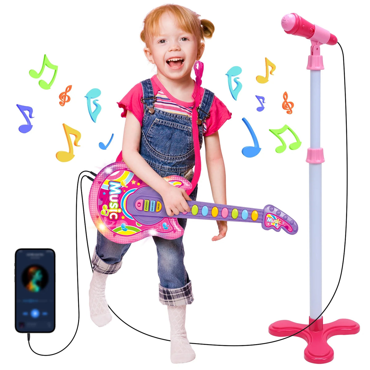 JoyStone Guitar and Microphone Set for Kids with Music & Colorful Light, Adjustable Height Microphone with Stand, Guitar Toys for Boys and Girls, Pink