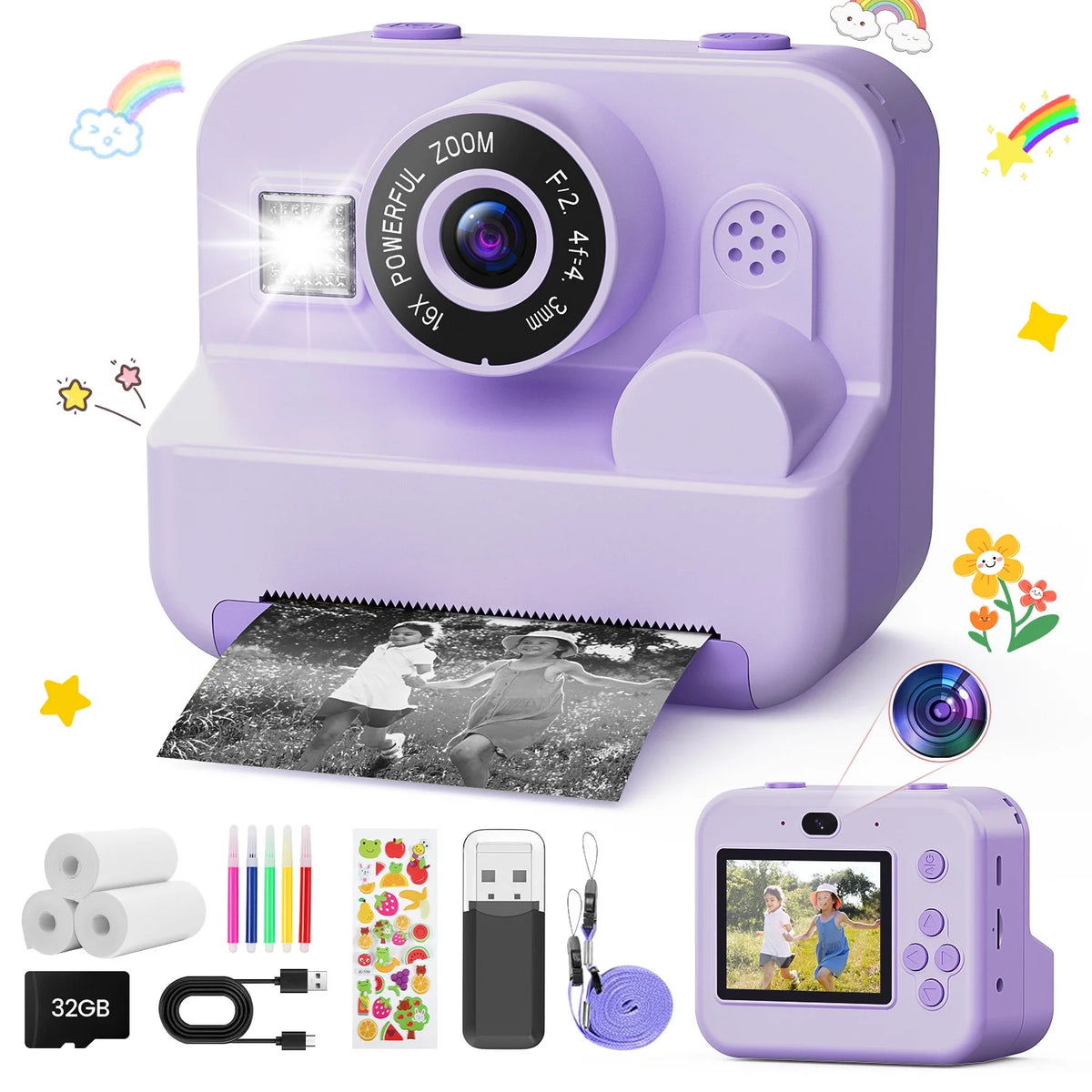 JoyStone Kids Camera Instant Print with Printing Paper and 32G TF Card, Selfie Camera with Color Pens, Cute Photo Album and Stickers, Gift for Kids Aged 3-12, Purple