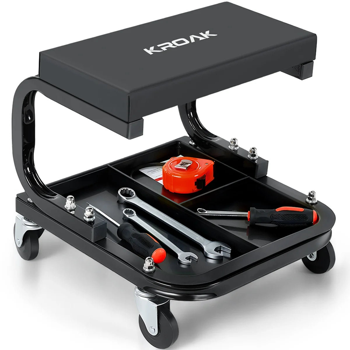 KROAK 14.2 Rolling Creeper Garage/Shop Seat with 3 Segmented Tool Tray, 260 Lbs Capacity, 360 2.5 Casters, Comfortable Car Repair Mechanic Stool, Black