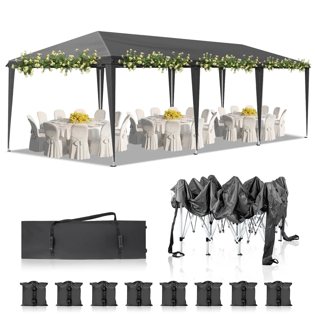 Ktaxon 10'X30' Pop up Wedding Party Tent Foldable Gazebo No Sidewalls Canopy Gray