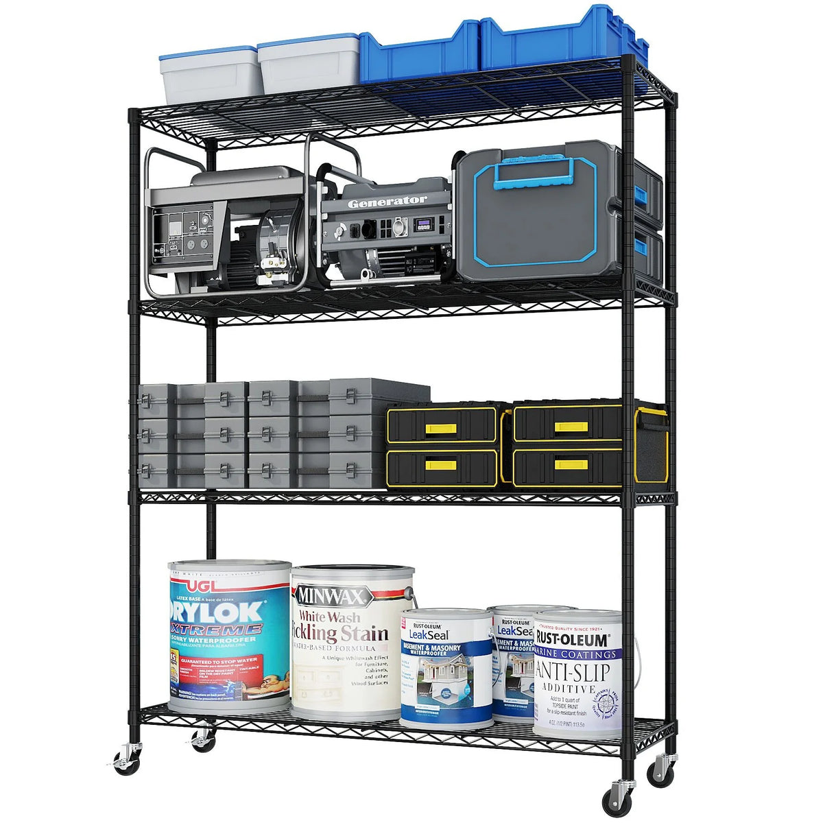 Ktaxon 4 Tier Wire Shelving with Wheels, 46"W x 17.7"D x 65"H Multifunctional Storage Rack Metal Garage Shelves Organizer, Capacity for 800lbs, Black