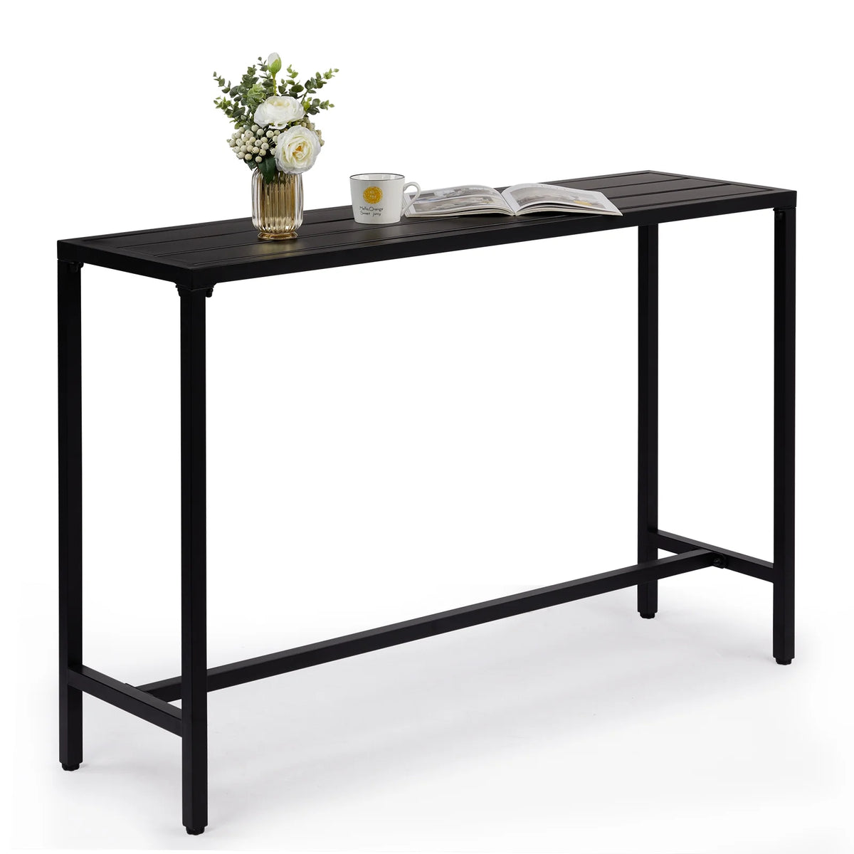 Ktaxon 55" Outdoor Bar Table with Adjustable Feet, Rectangle Narrow Counter Height Table, Ideal Bar Height Table for Balcony Patio Garden Yard Poolside, Black