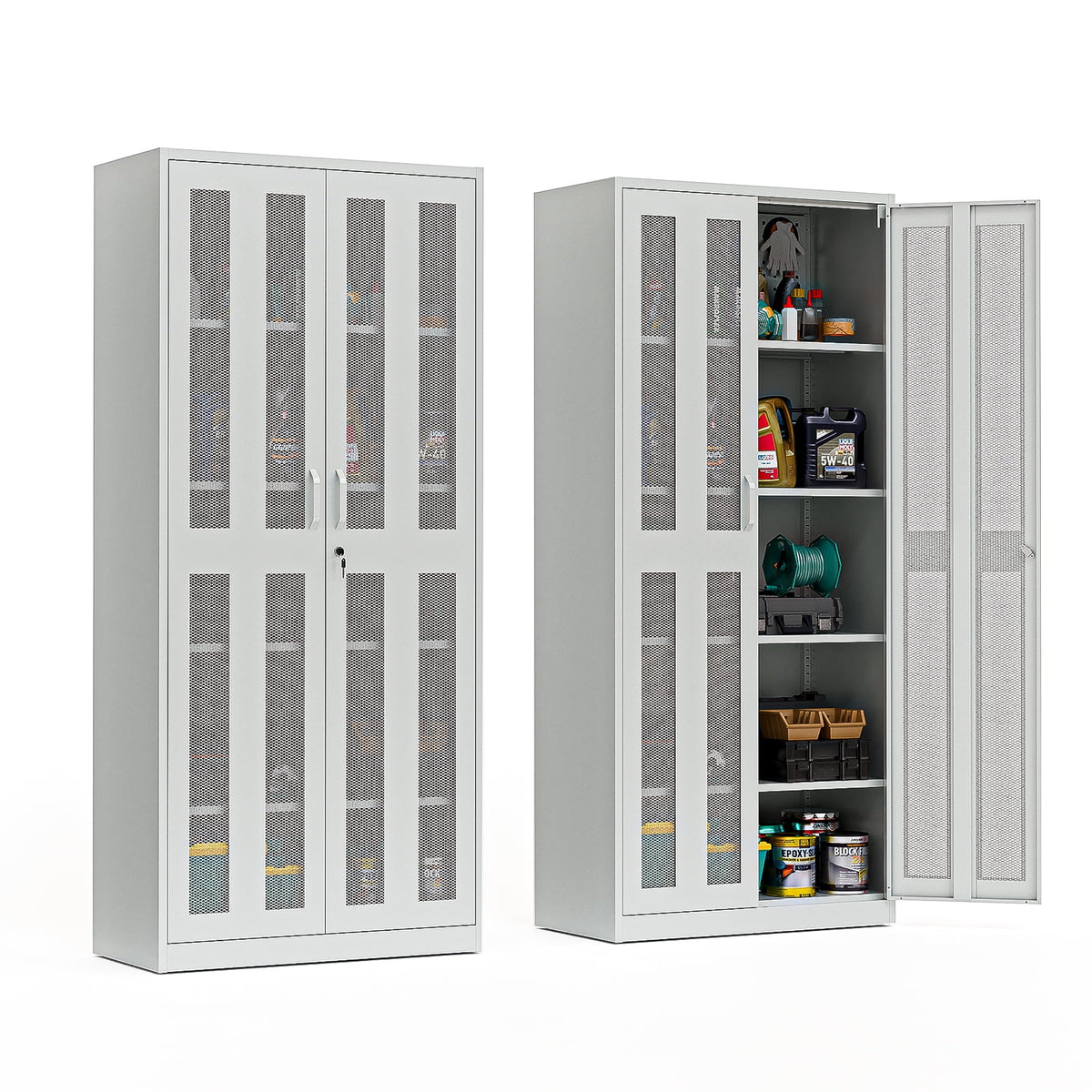 Ktaxon 71"H Metal Garage Storage Cabinet with 2 Mesh Doors, Garage Tool Storage Cabinet with Pegboards and 4 Adjustable Shelves, Locking Steel Tool Cabinets for Garage, Office, Workshop, Warehouse