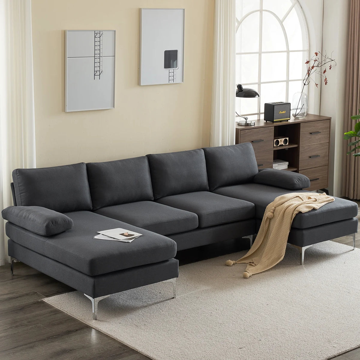 Ktaxon Sectional Sofa, U-Shape Convertible Couch Set with Soft Linen Fabric, Lounge Sleeper with Chaise for Living Room 4 Seat Dark Gray