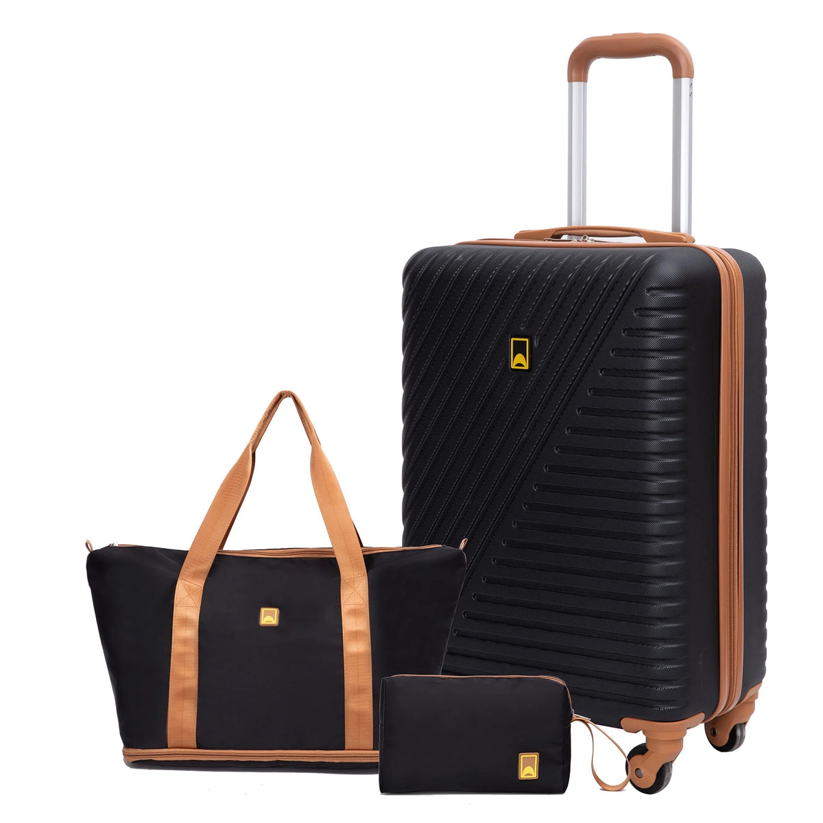 Landisun 3 Piece Carry-on Luggage Sets, Hardside Suitcase Set with Spinner Wheels, Portable Travel Bag and Toiletry Bag, Black