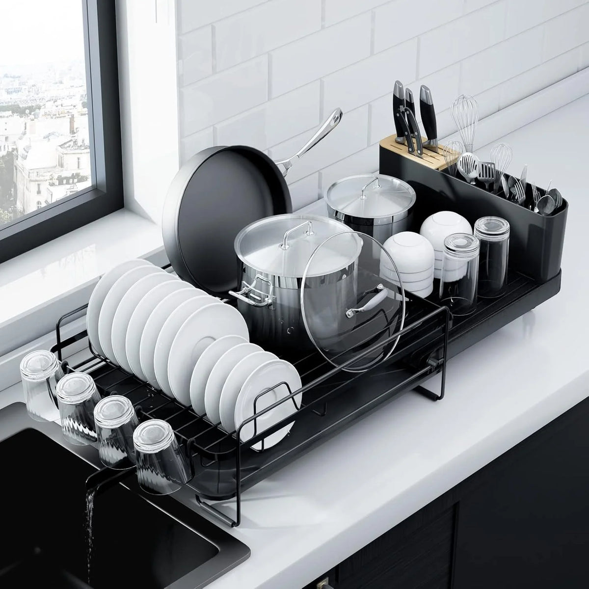 Large Dish Drying Rack - Extendable Dish Rack, Multifunctional Dish Rack for Kitchen Counter, Anti-Rust Drying Dish Rack with Cutlery & Cup Holders 19.2"-26.7" L x 12.9" W, Black