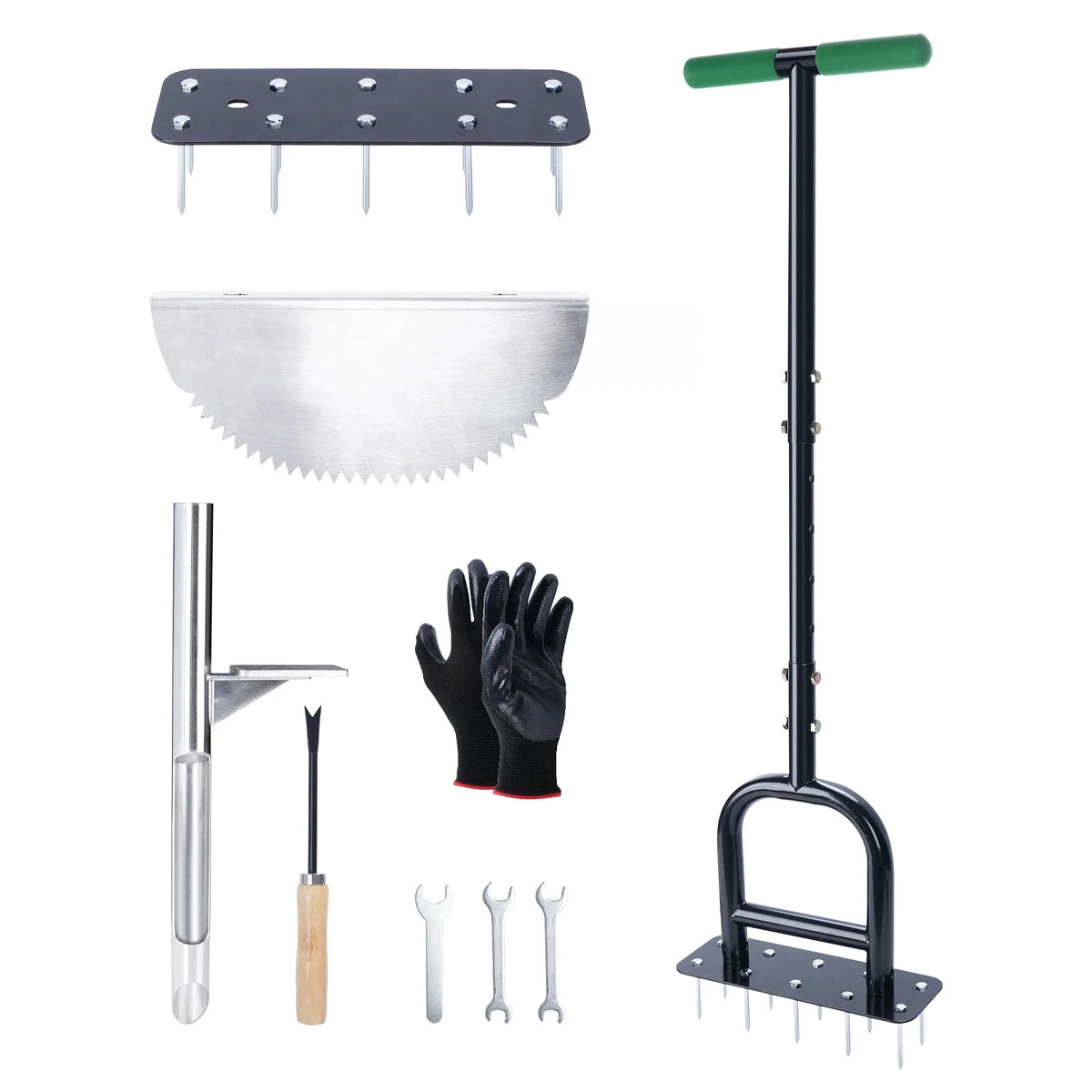 Lawn Aerator Spike 3in1 with 10 Iron Spikes for Garden, Premium Garden Soil Aerating Device & Half Moon Edger, Sharp Saw-Tooth Manuel Edger Lawn Tool with T-Grip Handle