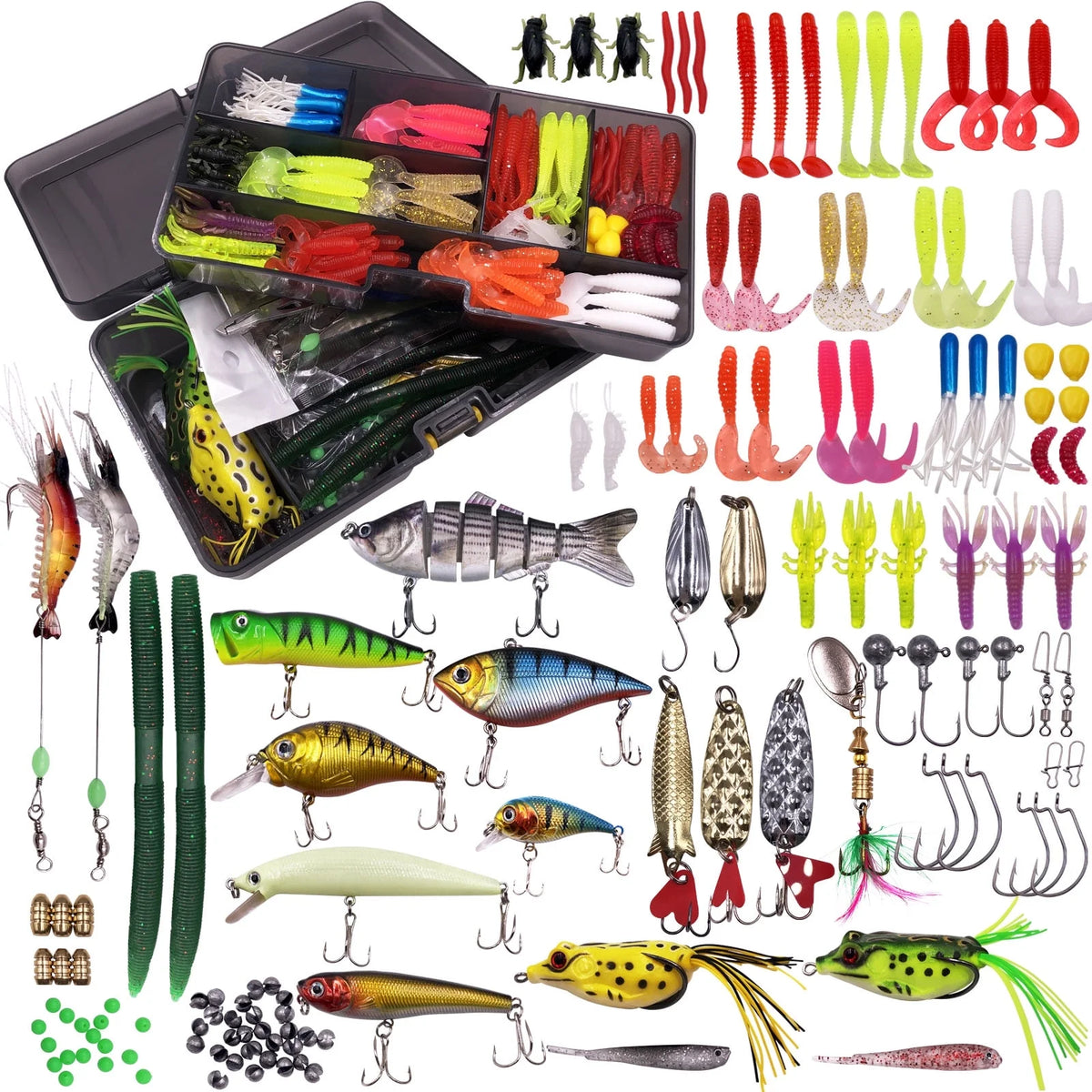 Luxvie 300Pcs Fishing Lures Kit for Bass, Freshwater Frog Lure with Free Tackle Box, Fishing Lure Set Including Combo Swimbaits, Crankbaits, Spinnerbaits, Plastic Worms, Jigs, Topwater Lures