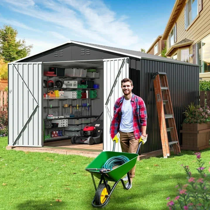 NETAJE 10'x10' Outdoor Metal Shed with Updated Frame, Lockable Doors & Sliding Roof for Backyard, Garden, Gray