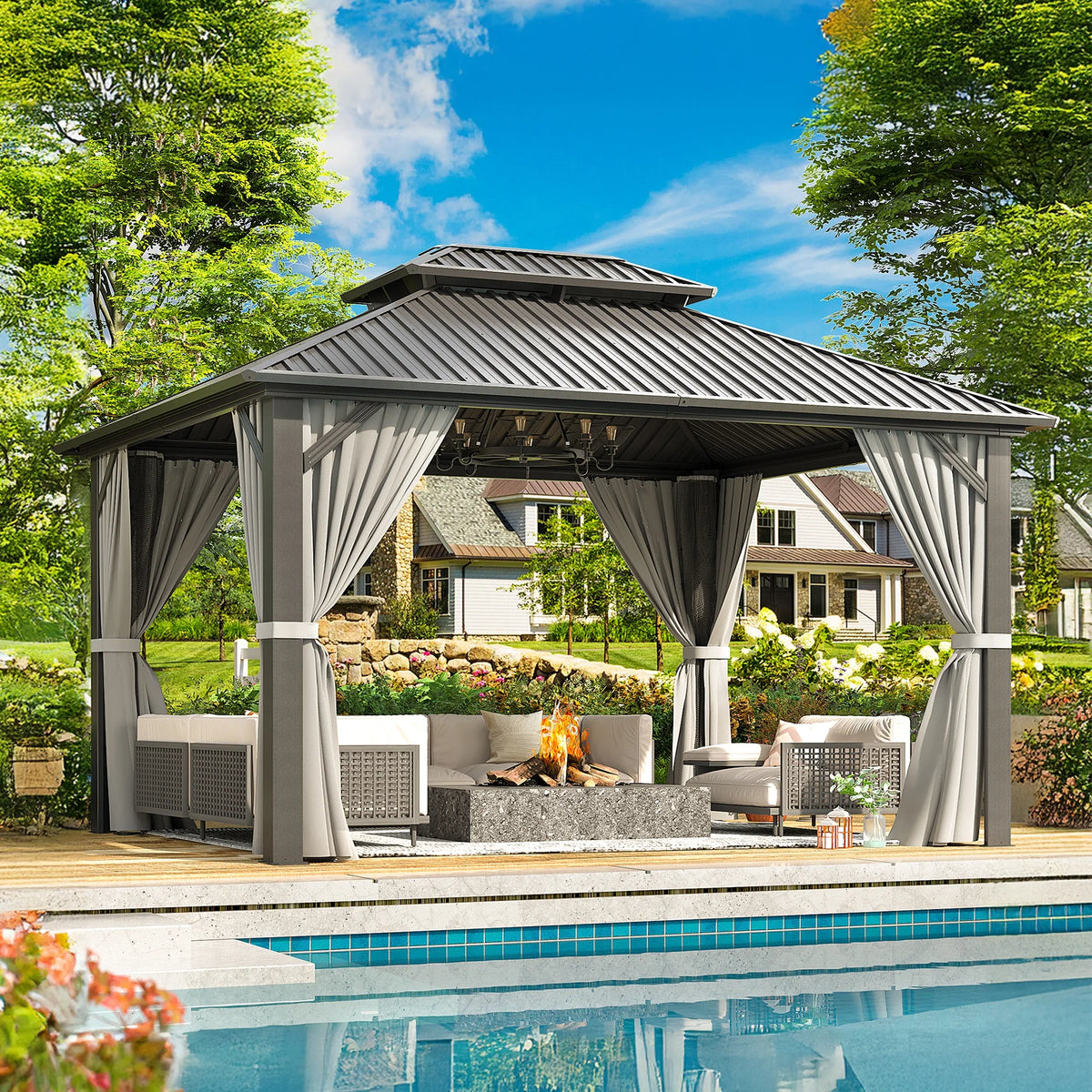NETAJE 10x12 FT Hardtop Gazebo, Heavy Duty Gazebo with Aluminum Frame, Galvanized Steel Double Roof & Mosquito Net for Garden, Patio, Grey