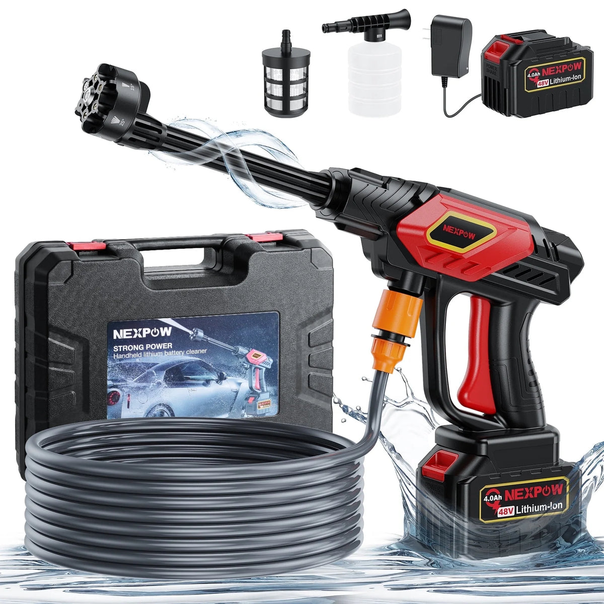 NEXPOW 1000PSI Cordless Pressure Washer, 2.4GPM Portable Power Washer with 6 in 1 Adjustable Nozzle, Power Cleaner with 32.8ft Hose for Cars/Patios