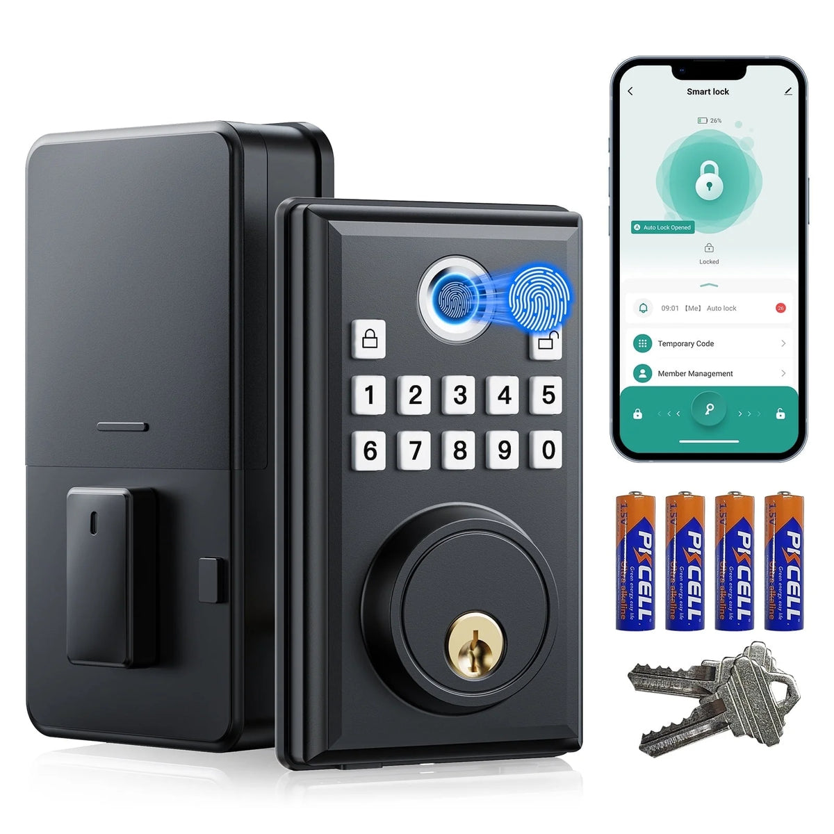 Camcamp Fingerprint Door Lock, Keyless Entry Door Lock with APP Control Deadbolt Lock with 300 User for Front Door