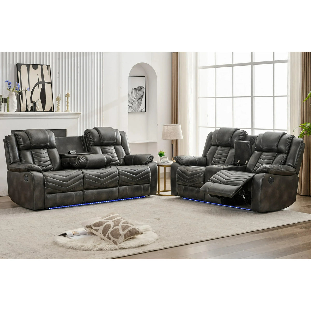 Othniel Manual Recliner Sofa Set 5-Seater with Bass Speaker,Wireless Charger,LED Light Gray