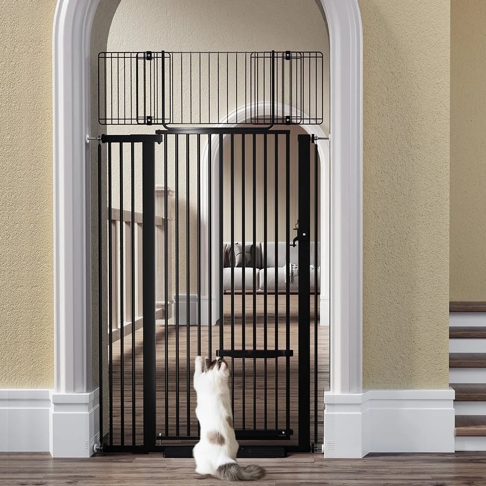 Pet Gate With Cat Door,71 inch Extra Tall Dog Gate,29.5 40.6 Wide Gate Pressure Mounted Full Door Pet Gate for Doorway Stairs,Black