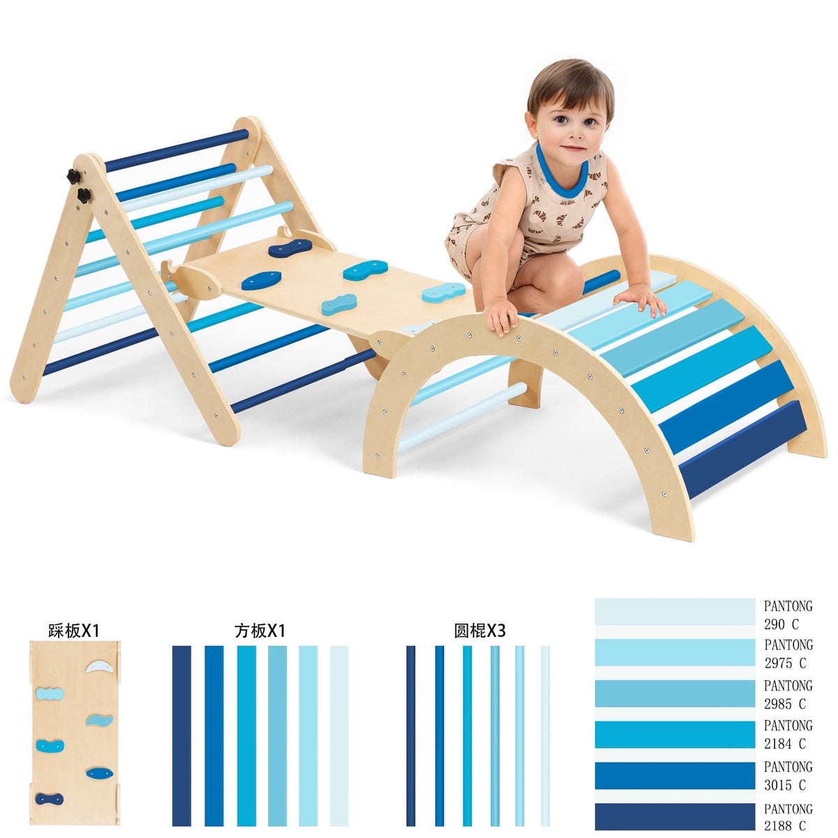 Pikler Triangle Set, RongTrading 8 in 1 Montessori Climbing Set, Wooden Climbing Toys, with Arch, Ramp, Ladder, Tent and Cushion, Indoor Jungle Gym for Toddlers 0.5-6 Years Old, Blue