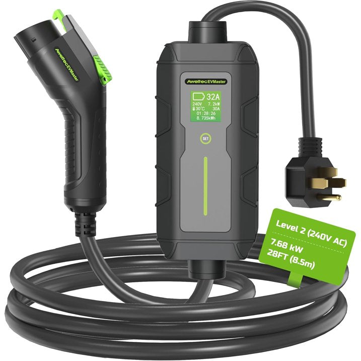 Portable Level 2 EV Charger (240V, 32A) with 25ft Cable and NEMA 14-50 for SAE-J1772 Electric Vehicles Current Adjustable and Reservation Charging Function