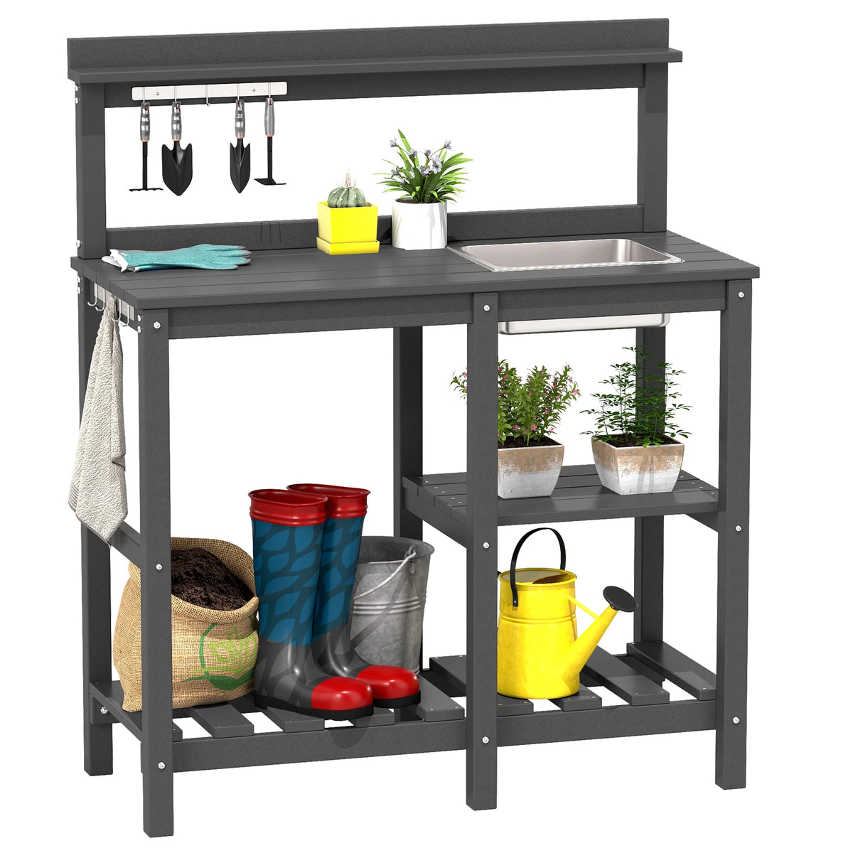 FOOWIN HDPE Outdoor Potting Table, Garden Potting Bench Table with Sink, Gray