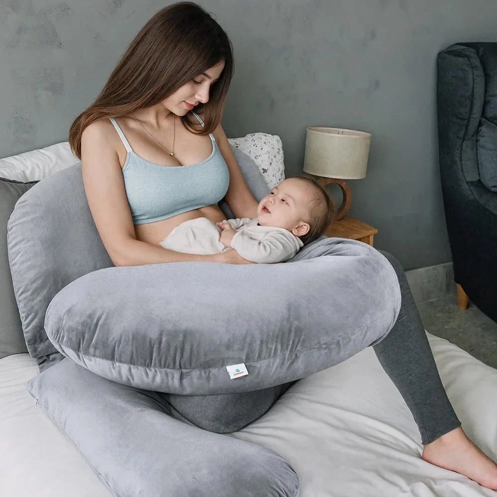 Pregnancy Pillow, Novashion Full Body Maternity Pillow for Side Sleeping, with Adjustable Wedge Pillow and Velvet Cover, Washable, Grey