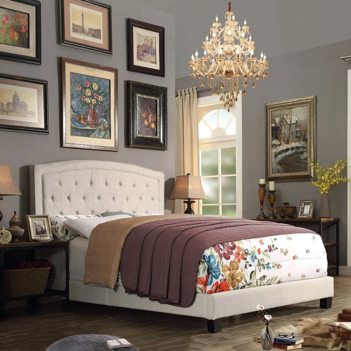 Queen Size Classical Bed Frame with Adjustable Button Tufted Headboard, Fabric Upholstered Platform Bed Frame for Bedroom, Strong Wooden Slat Support, Easy Assembly, Beige