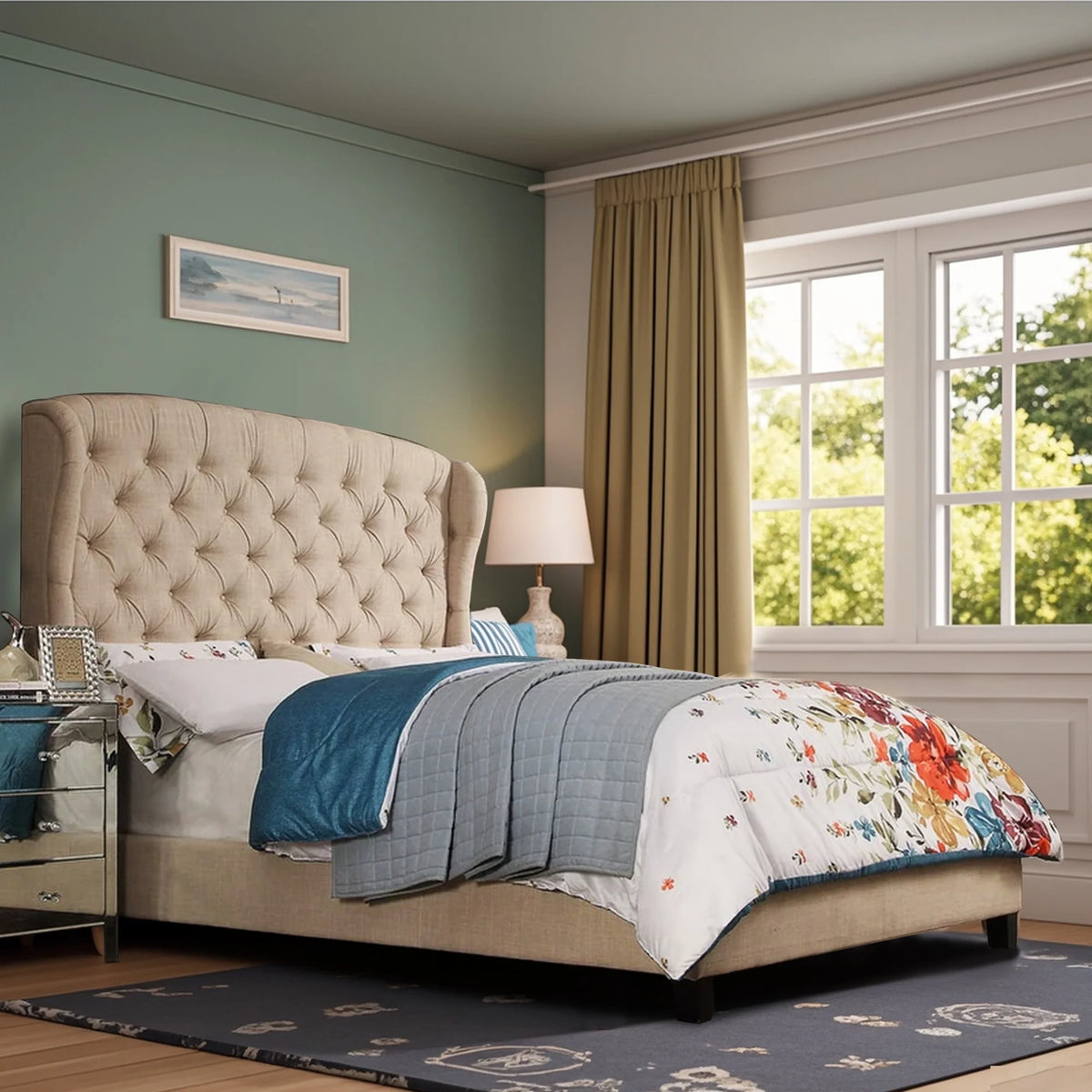 Queen Size Classical Bed Frame with Adjustable Button Tufted Headboard, Fabric Upholstered Platform Bed Frame for Bedroom, Strong Wooden Slat Support, Easy Assembly, Beige