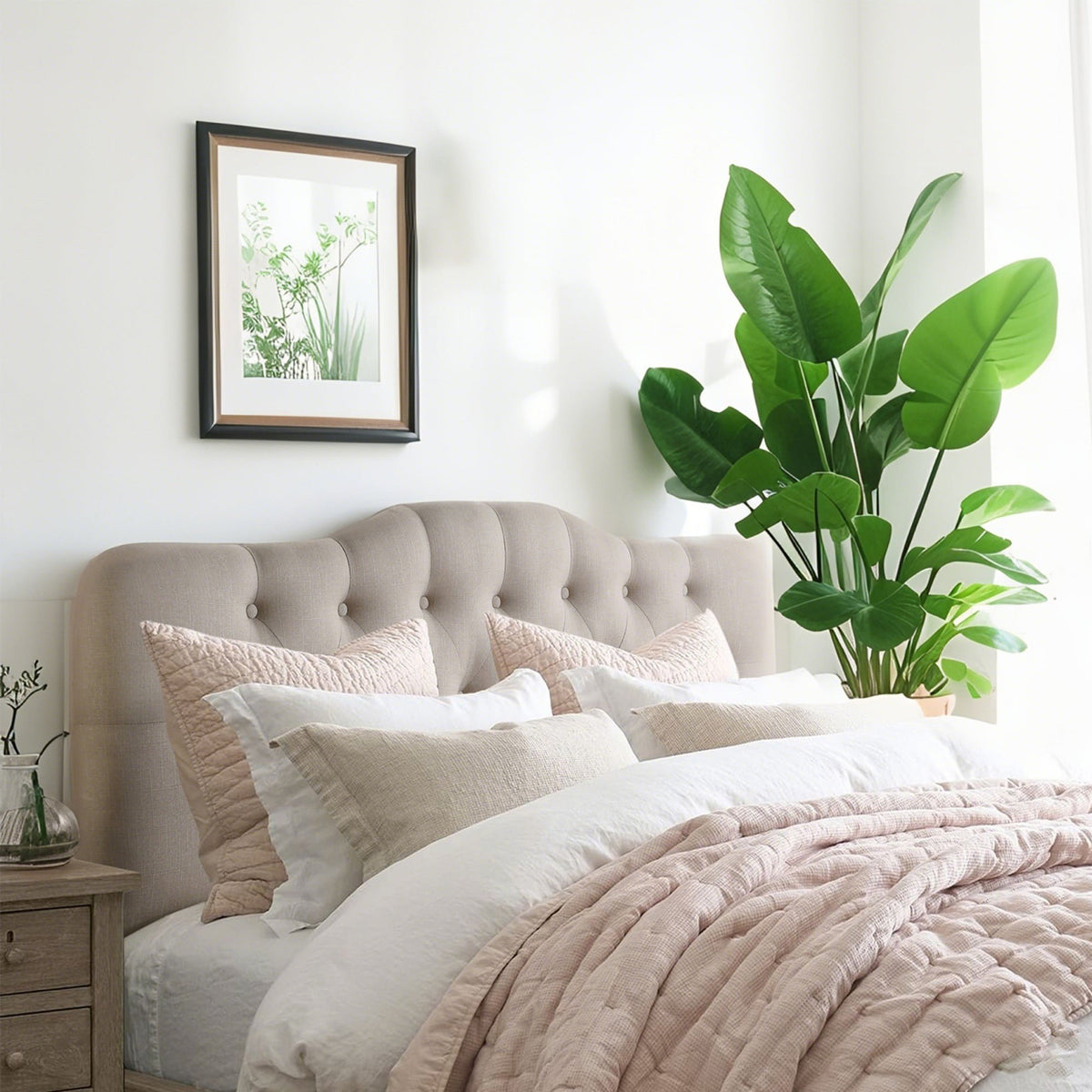 SENCHO GINSYTALIOR Adjustable Height Headboard with Linen Upholstery and Button Tufting for Bedroom, Queen, Classic Beige