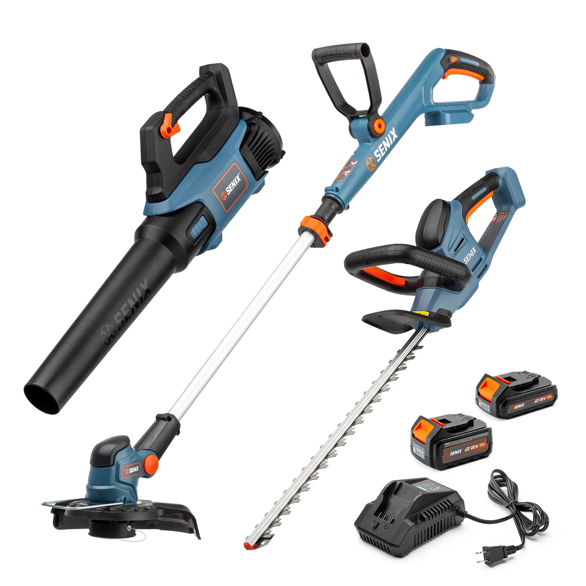 SENIX 20 Volt Max 3 Tool Cordless Combo Kit, 10 Inch String Trimmer, Variable Leaf Blower & 18-Inch Hedge Trimmer (2 Ah Battery, 4 Ah Battery and 2A Charger Included) S2K3B2 01
