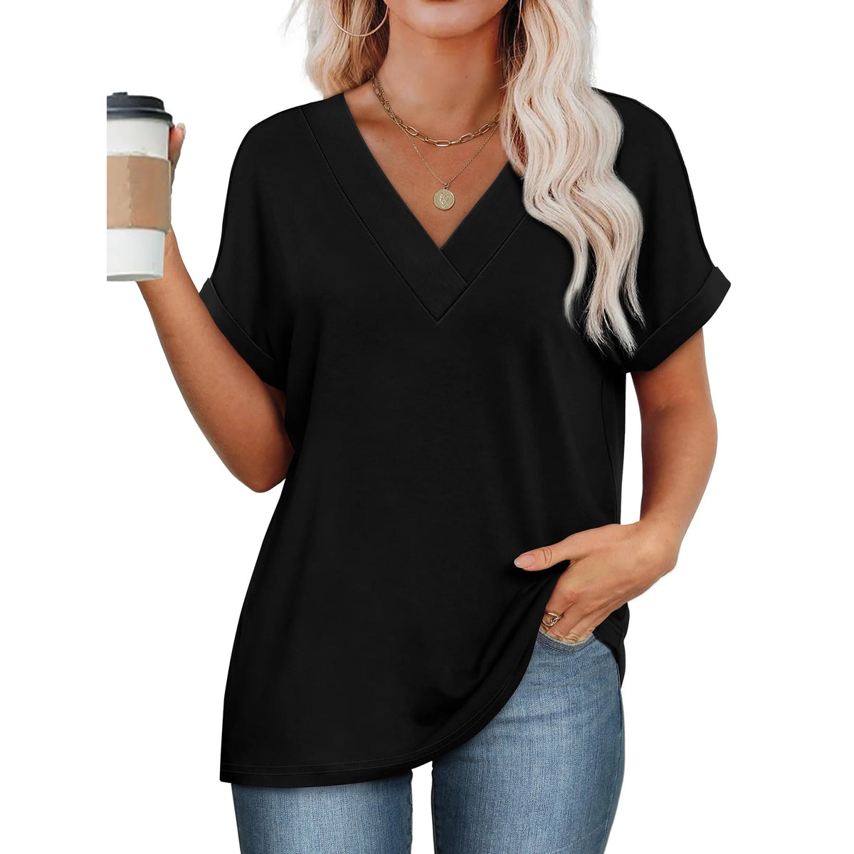 SHIBEVER Womens Tops Summer Short Sleeve Shirts for Women V Neck T Shirts for Women Black Casual Tunic Tops for Women Loose Fit L