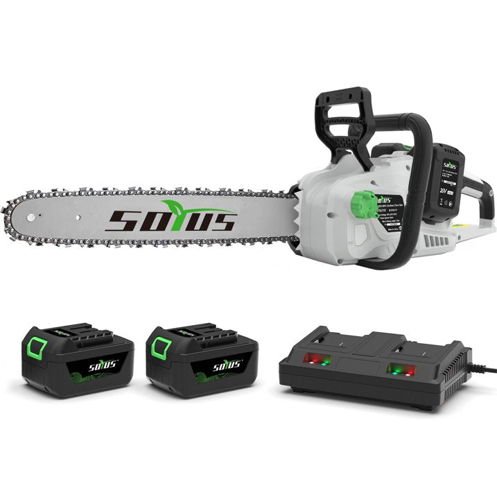 SOYUS 40V 16-Inch Brushless Cordless Chainsaw with Battery and Charger, Battery Operated Chainsaw with Auto-Tension & Auto-Lubrication for Wood Cutting & Tree Trimming, 2x4.0Ah Batteries Included
