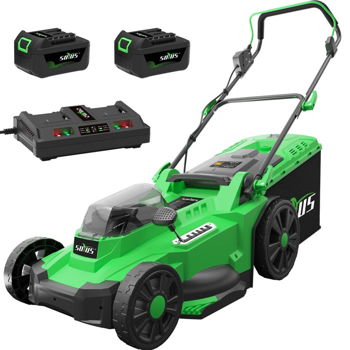 SOYUS Electric Lawn Mower Cordless, 17 Inch 40V Battery Powered Lawn Mower with Brushless Motor, 6 Position Height, includes 2x4.0Ah Batteries and Dual Port Charger