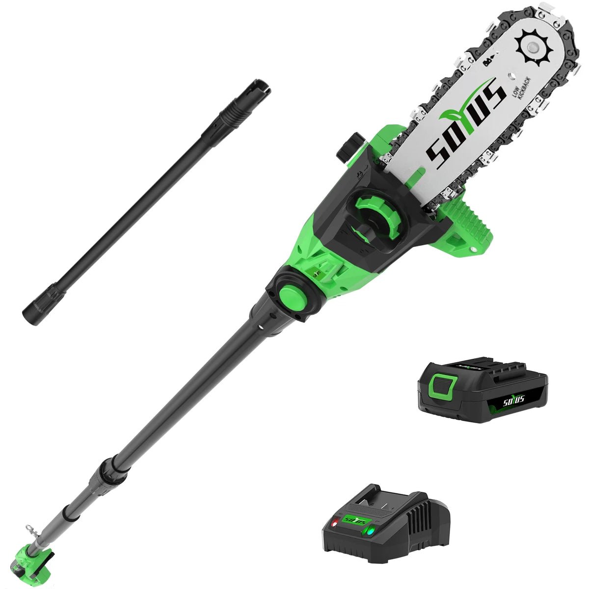 SOYUS Pole Saw 8-Inch Cordless, 15-Foot Max Reach Electric Pole Saw for Tree Trimming, 16ft/s Speed, Auto Oiling, Multi-Angle Pole Chainsaw with 2.0Ah Battery & Charger