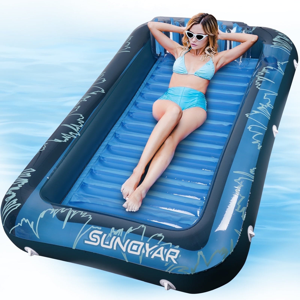 SUNOYAR Inflatable Tanning Pool Lounger Float, Pool Floats Adult with Pillow, 73 x 46 Large Suntan Tub with Cup Holder for Lake River Beach Patio