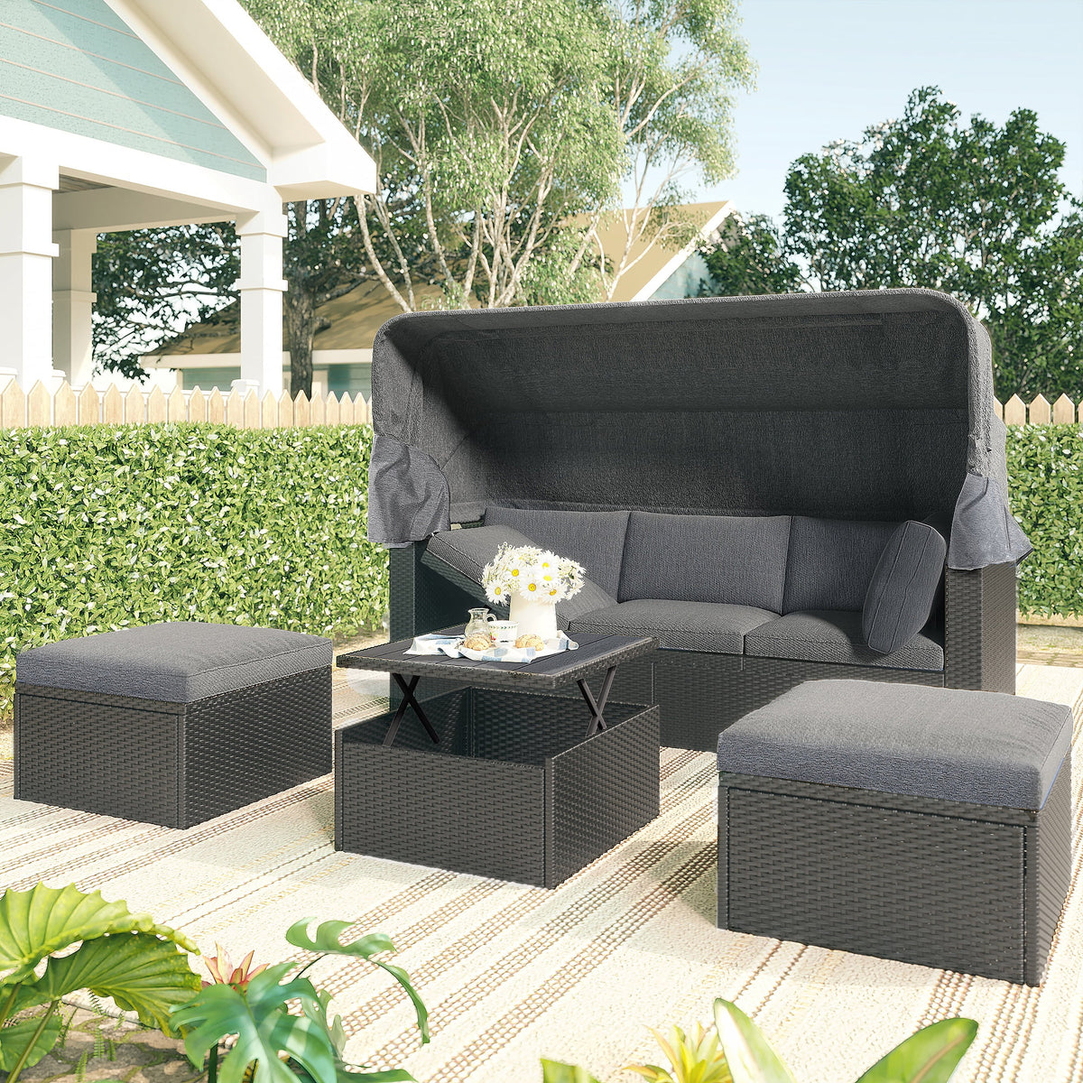 Patio Sectional Daybed, Outdoor Wicker Furniture Set with Retractable Canopy, Sectional Sofa Set w/Height Adjustable Table  Cushions for Patio Deck Poolside Garden Backyard
