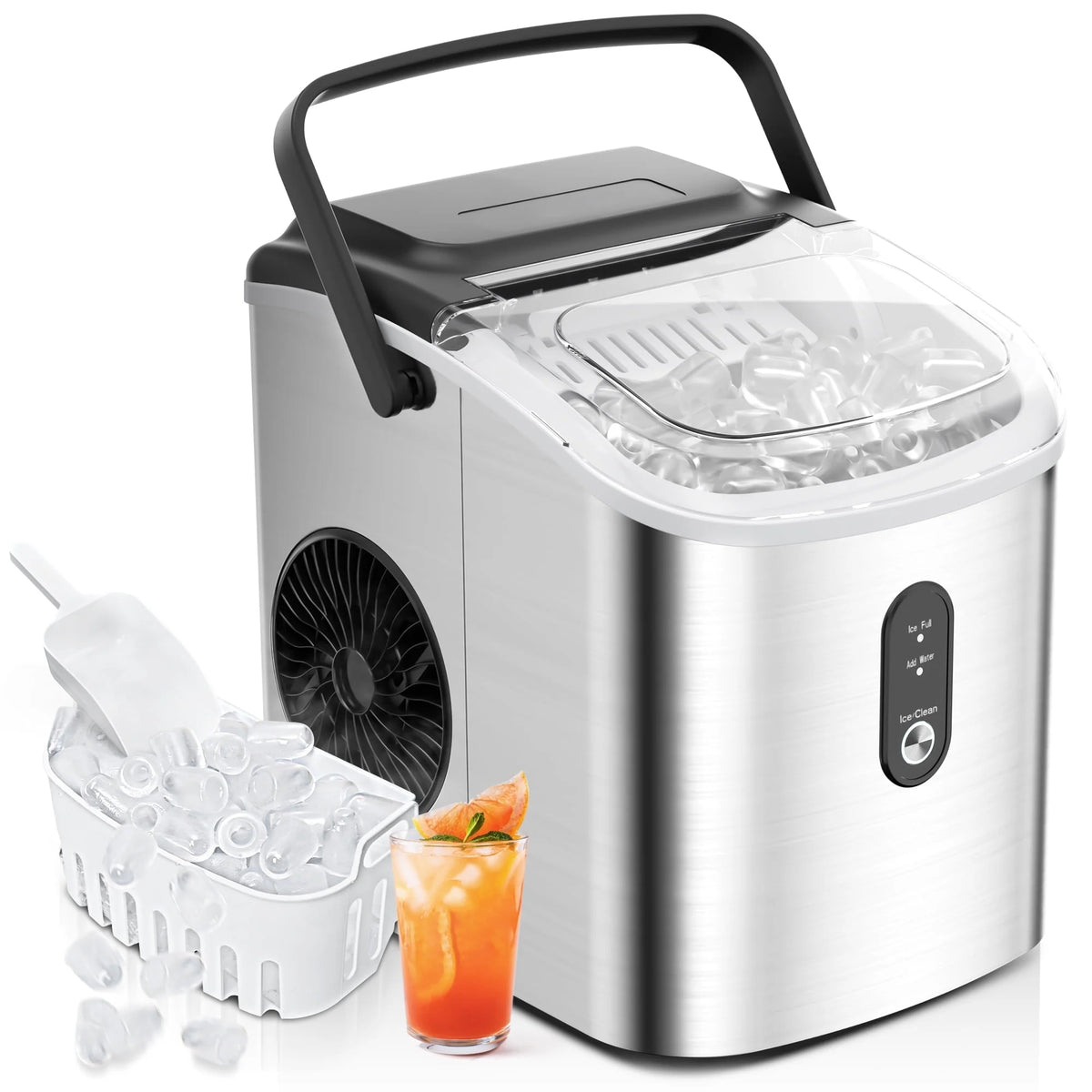 Simzlife Ice Maker Countertop, Portable Ice Machine with Carry Handle, Self-Cleaning Ice Makers with Basket and Scoop, 9 Cubes in 6 Mins, 26 lbs per Day, Ideal for Home, Kitchen, Camping, RV