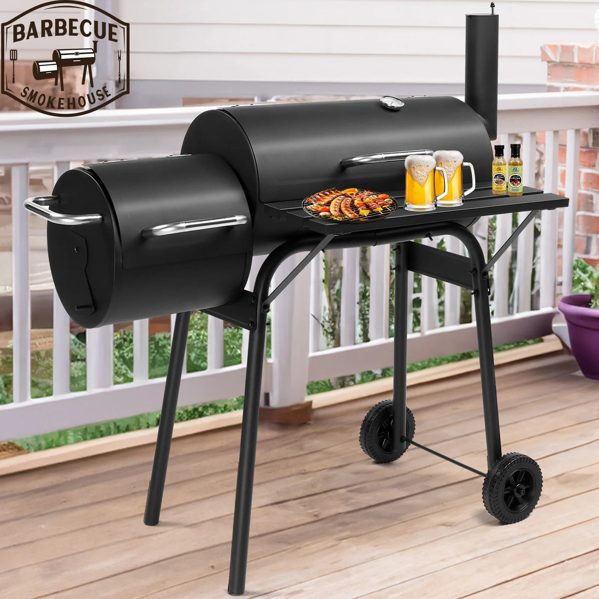 Smoker Grill, Outdoor BBQ Charcoal Grill W/2 Cooking Area, Portable Offset Smoker on Wheels for Patio Backyard Camping